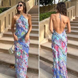 ZARA Watercolor Floral Halter Backless Maxi Dress Size XL Pink Blue Sleeveless